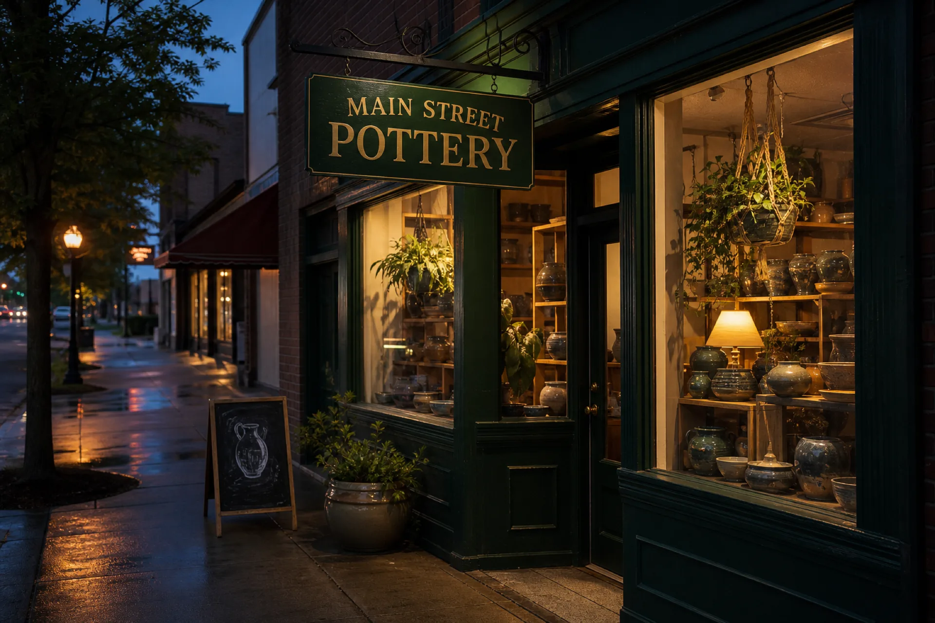 Main Street Pottery storefront at dusk, its windows lit and shelves of handmade stoneware visible from the sidewalk