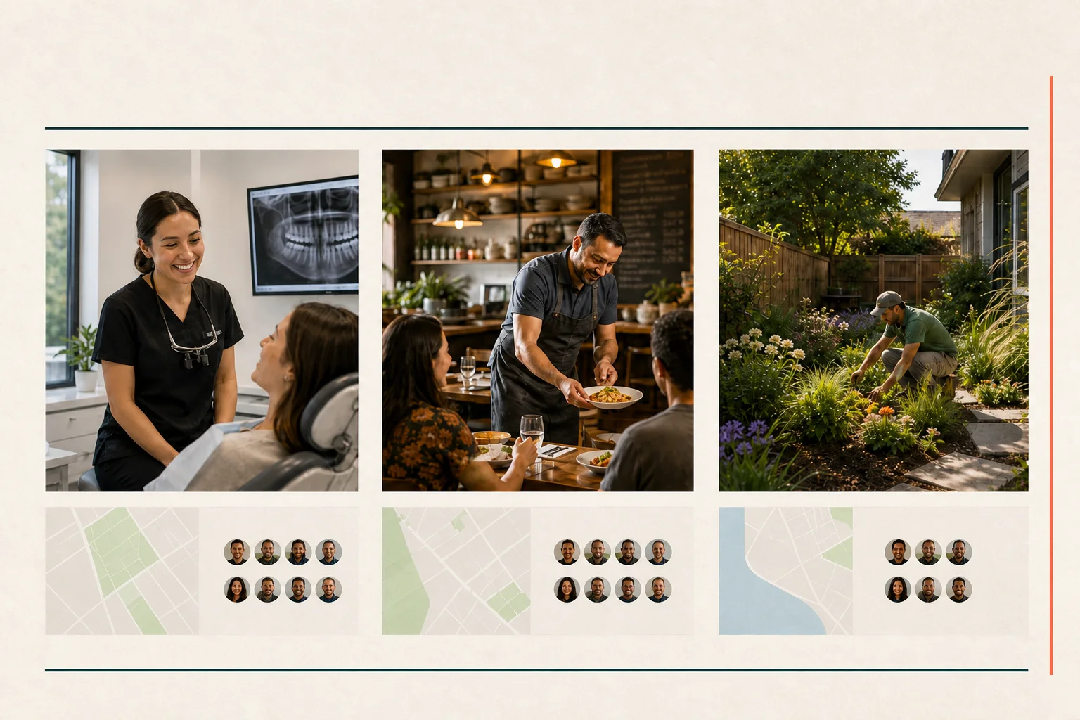 Illustrative dental practice, restaurant, and landscaping market examples