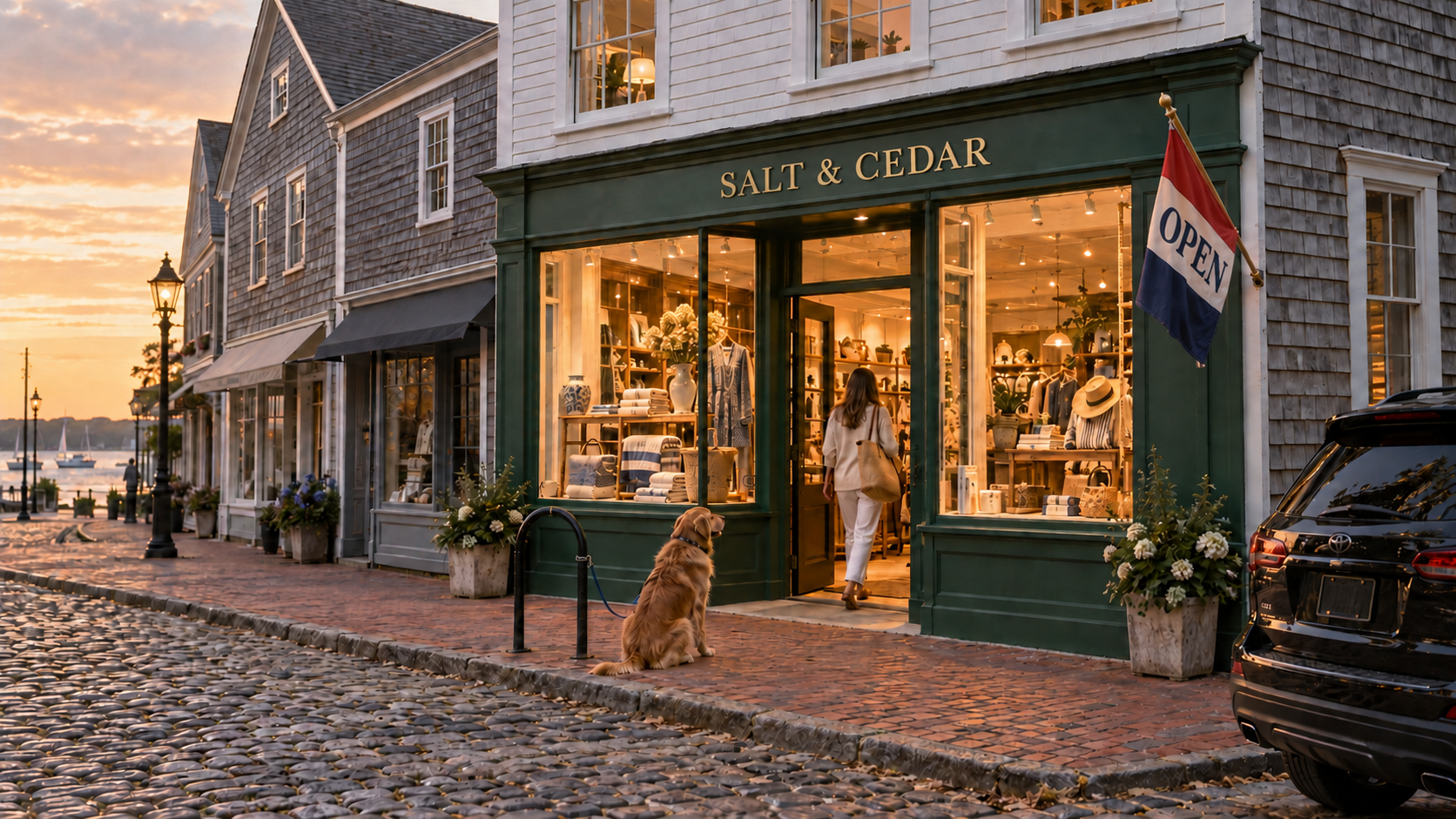 A warmly lit shop named Salt and Cedar standing out among weathered shingle storefronts as a shopper enters and a dog waits nearby